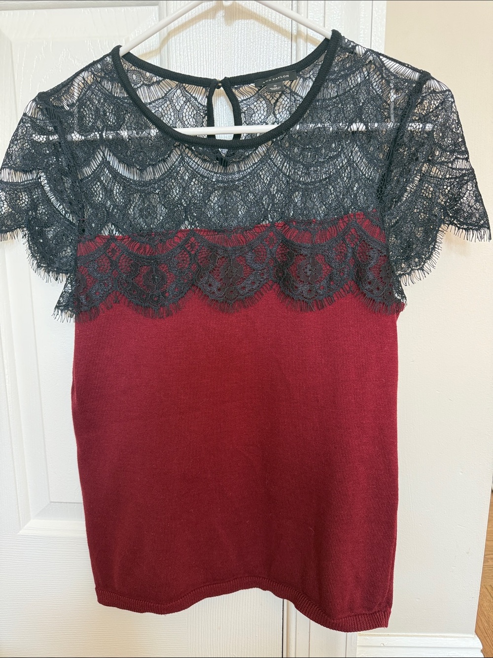 Ann Taylor Lace Yoke Short Sleeve Knit Top in Burgundy and Black